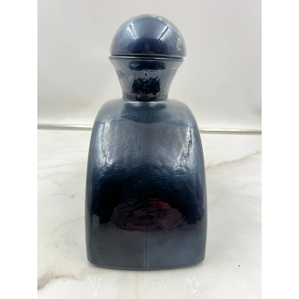 Vintage Decorative Glass Decanter Bottle Navy Blue Iridescent Made in Spain 7in